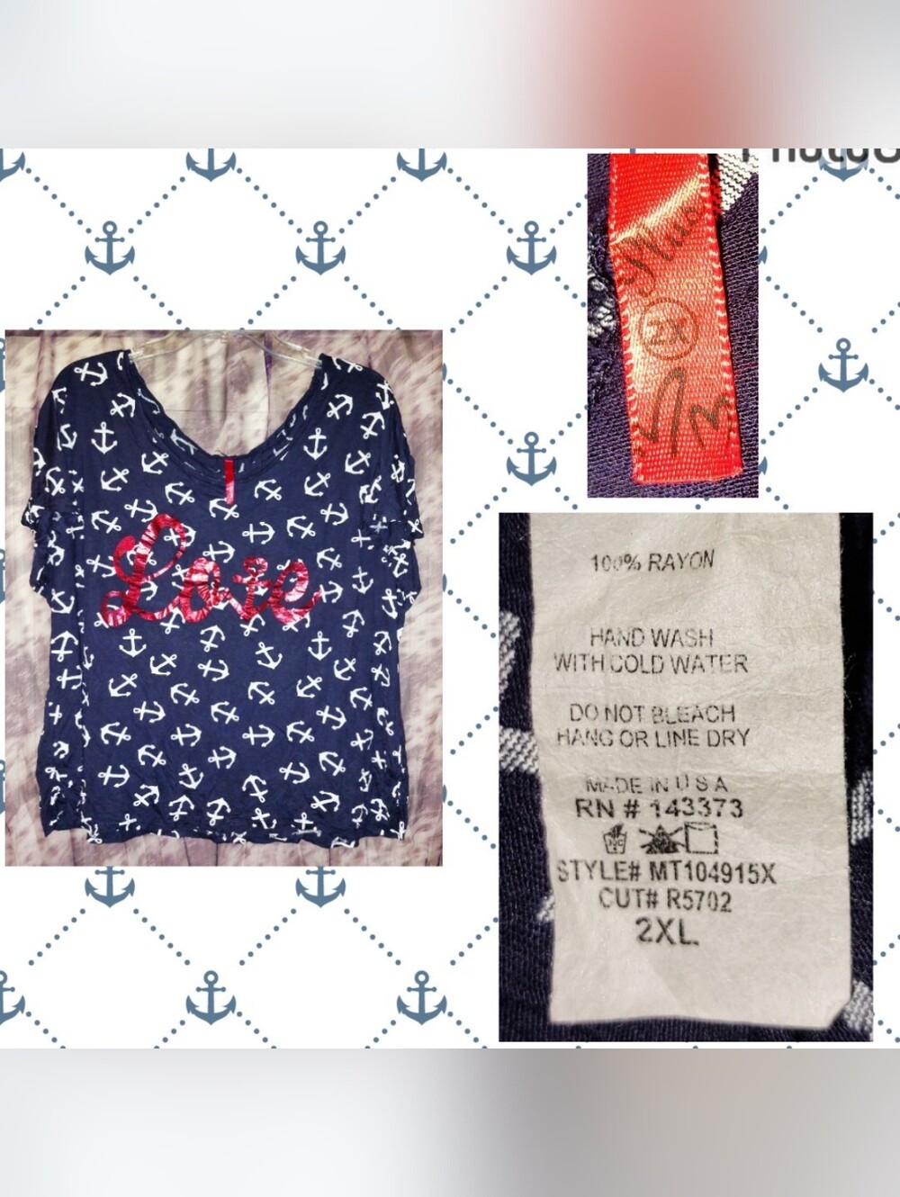 Unknown brand Navy Blue/White/Red Anchors & LOVE Print Knit Top Jrs Plus Sz 2X